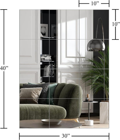 Ruomeng Home Gym Mirrors 12 Inch x 12Pcs Wall Mounted Mirror Glass Frameless Full Length Mirror Tiles for Home Gym, Bedroom, Door & Bathroom