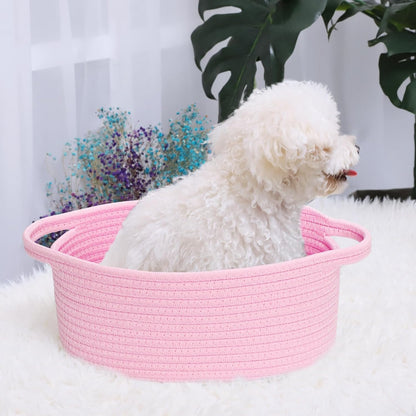 ABenkle Small Basket with Handles, Boho Decorative Rope Woven Dog Cat Toy Storage Bin Shelf Storage Organizer, Easter Christmas Gift Basket, 12"x8"x5", White