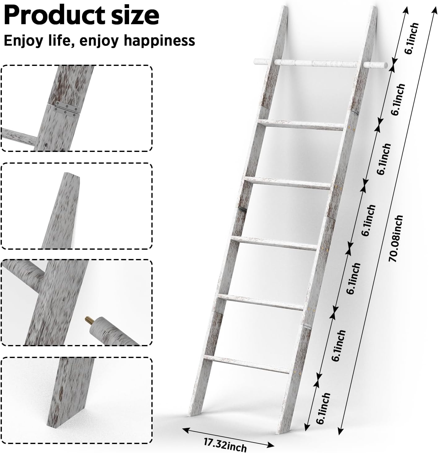 Farmhouse Wooden Blanket Ladder with Removable Hooks, 6-Tier Rustic Blanket Rack Decorative Stand, Leaning Towel Quilt Rack Holder for Bathroom Living Room Decor Brown