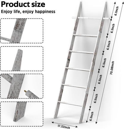 Farmhouse Wooden Blanket Ladder with Removable Hooks, 6-Tier Rustic Blanket Rack Decorative Stand, Leaning Towel Quilt Rack Holder for Bathroom Living Room Decor Brown