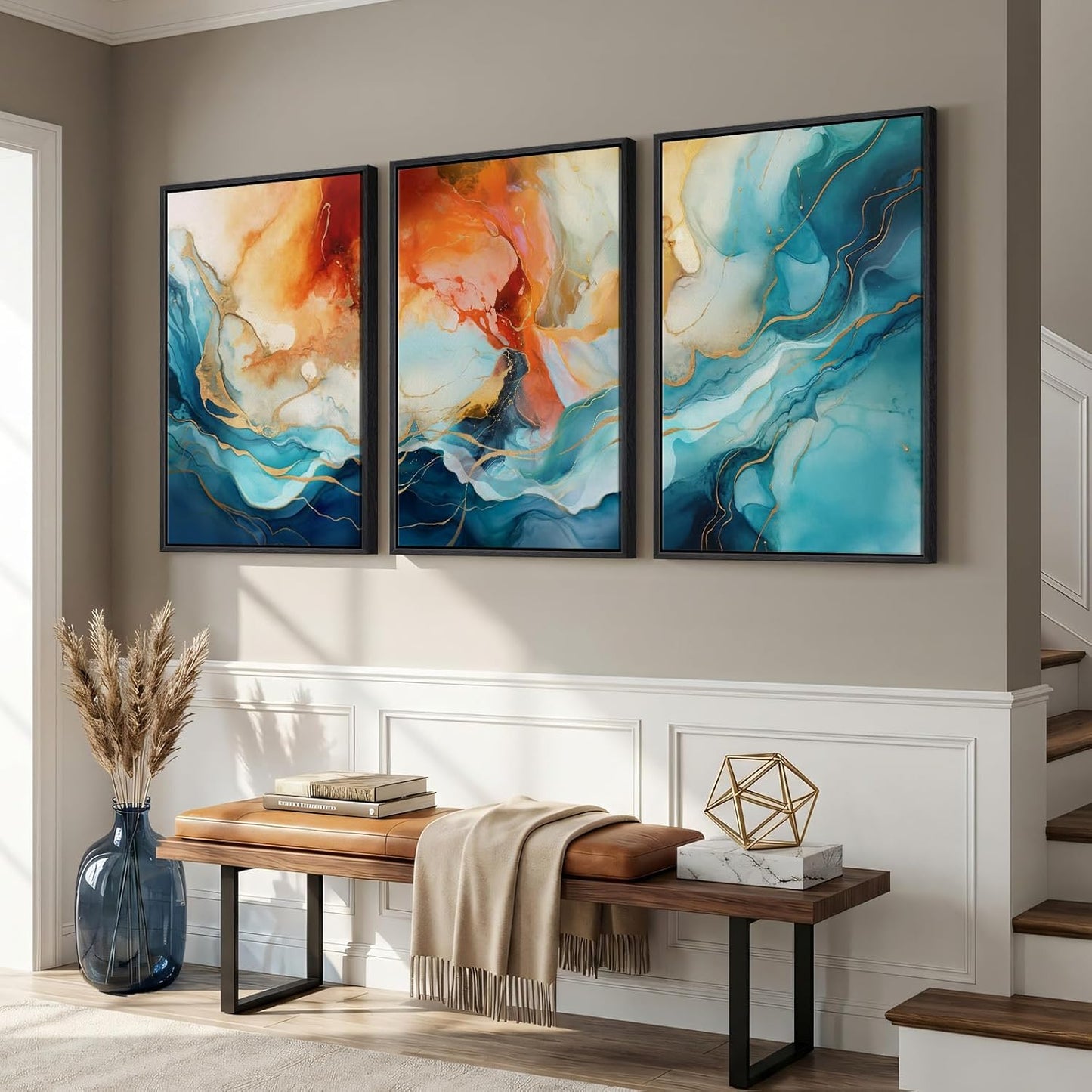 Large Framed Abstract Nature Landscape Wall Art for Living Room, Set of 3 Modern Canvas Prints Paintings Artwork for Walls, Green Lake Pictures for Hallway, Dining Room, Office Wall Decor 24x36 Inch