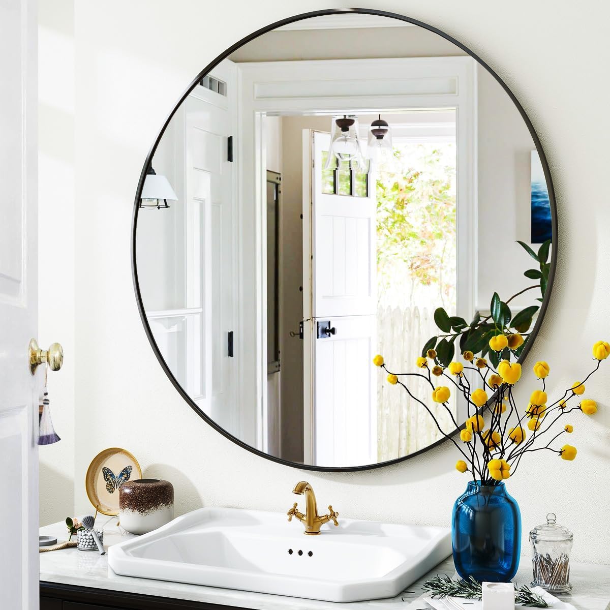 VooBang Large Black Round Bathroom Mirror, 48 inch Circle Wall Mounted Hanging Mirror with Simple Modern Circular Metal Frame for Hallway, Entryway, Living Room, Black Frame