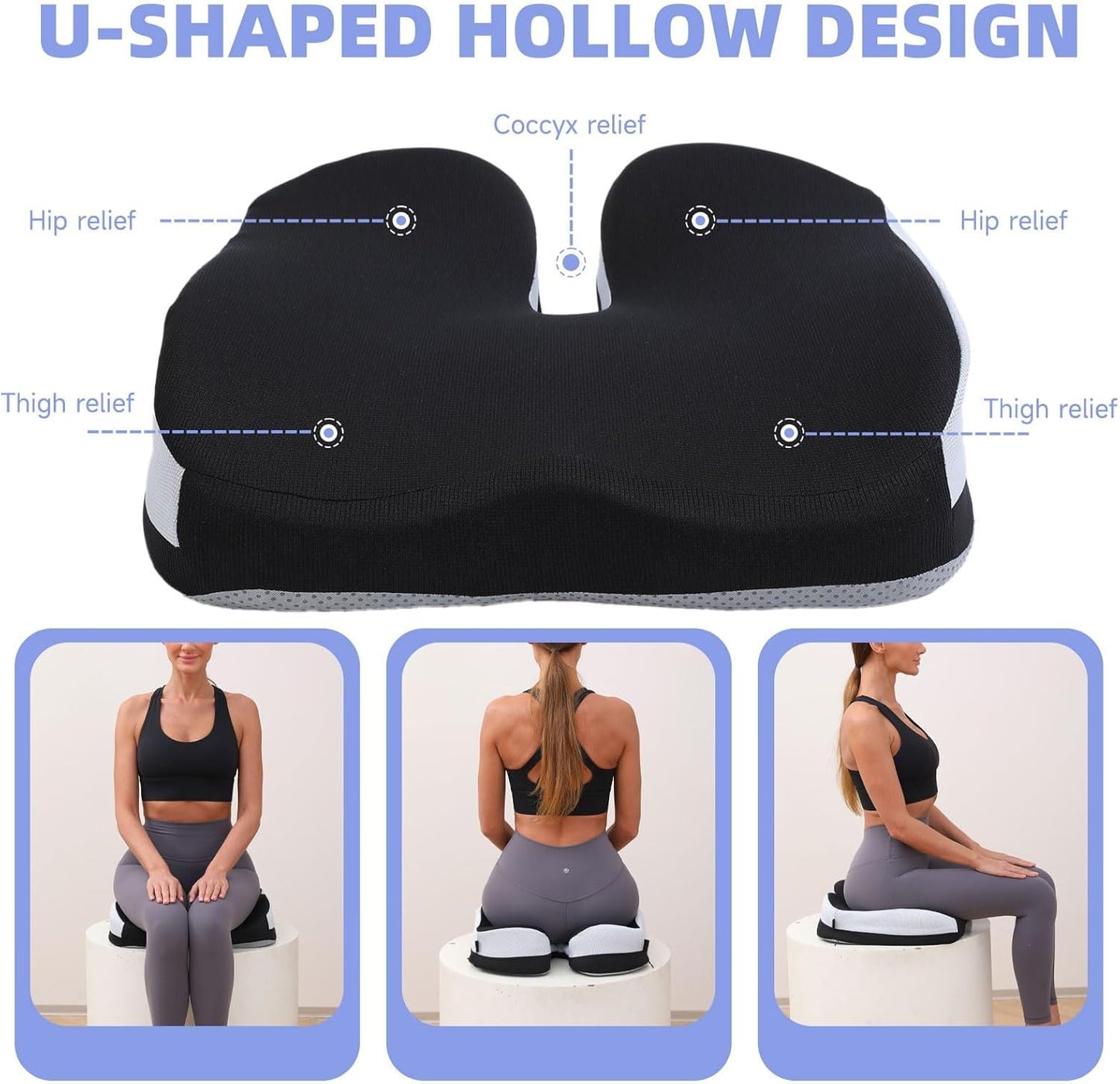 Seat Cushions for Office Chairs Wheelchair Cushion for Long Sitting Back Pain，Memory Foam Seat Car Computer Desk Chair Cushion，Coccyx Cushion for Tailbone Pain Relief Cushion Office Chair Black