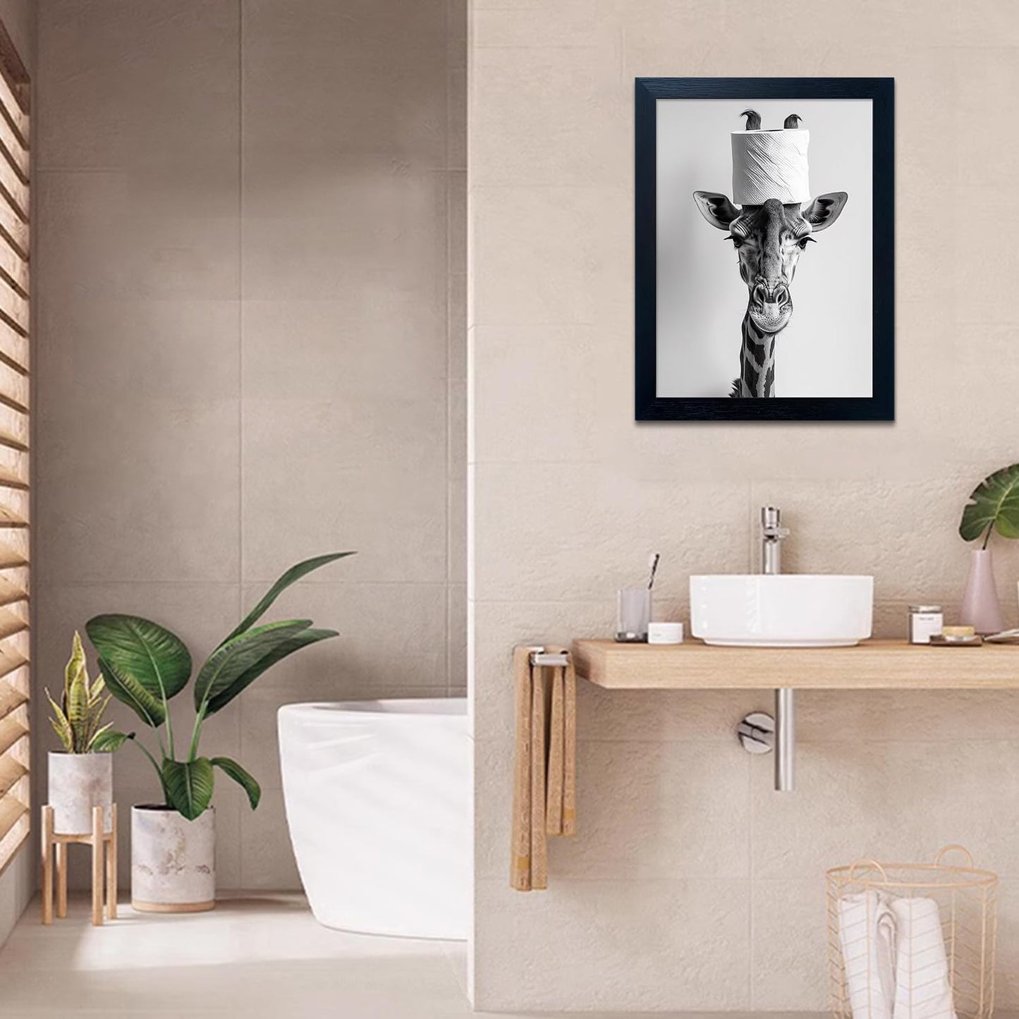 Bathroom Picture Wall Decor, Framed Black and White Bathroom Wall Art, Toilet Paper in Little Funny Raccoon's Hand Animal Canvas Print Painting