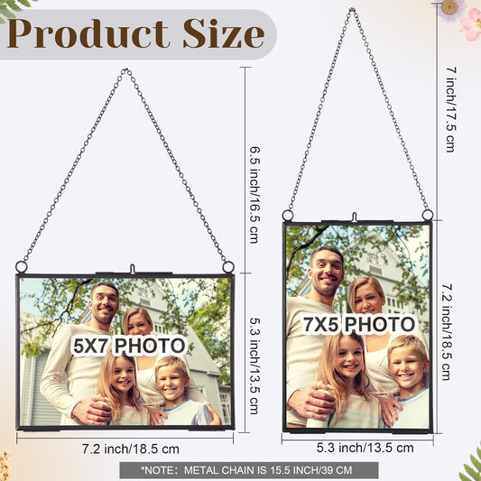 Treela 6 Pcs Pressed Flower Glass Picture Frames 6 x 4 Inch Brass Hanging Double Glass Frame Gold Floating Photo Frame Clear Horizontal Vertical Frames with Chain for Gallery Vintage Artwork Display