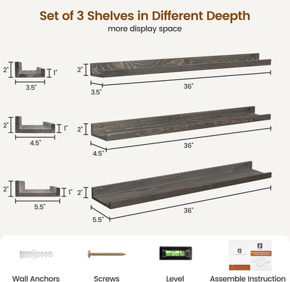 FLYJOE Picture Ledge Shelf, Floating Shelves Set of 2, Solid Pine Wood 55'' Long Large Nursery Book Shelves for Toys Storage, Kids Bookshelf for Living Room Bedroom Decor Books Photo Frames, Walnut