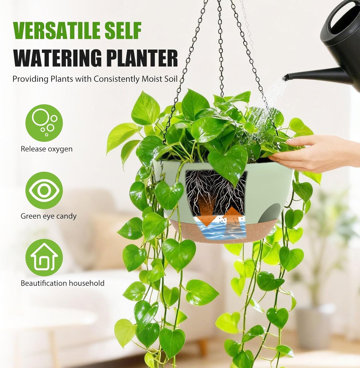 8 Inch Hanging Planters for Indoor Outdoor Plants, 4 Pack Black Plastic Self Watering Hanging Baskets with Drainage Holes and Chain for Garden Porch