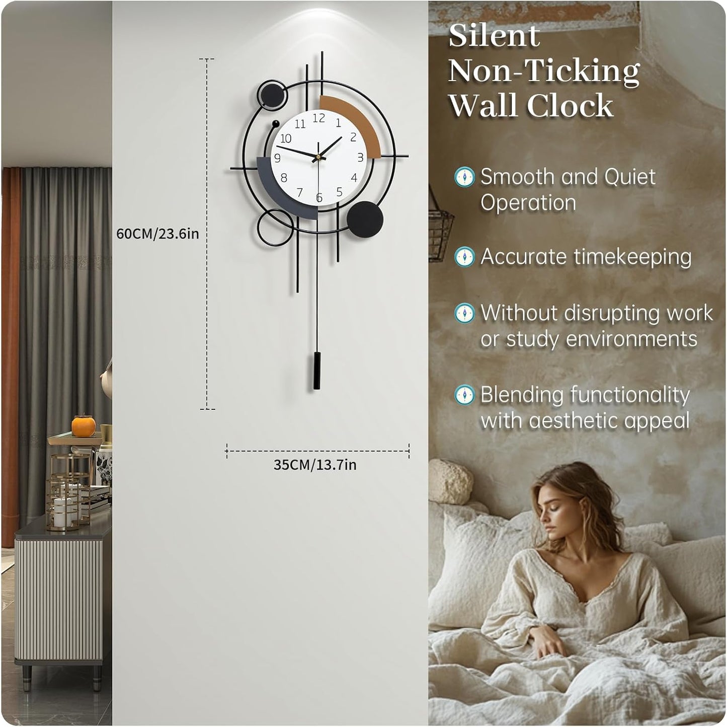 Decorative Wall Clock for Living Room Decor Large Modern Wall Clocks with Pendulum Battery Operated for Bedroom Office Kitchen Home Small Black Silent Wall Clock Non Ticking 11.8*22.4 Inch