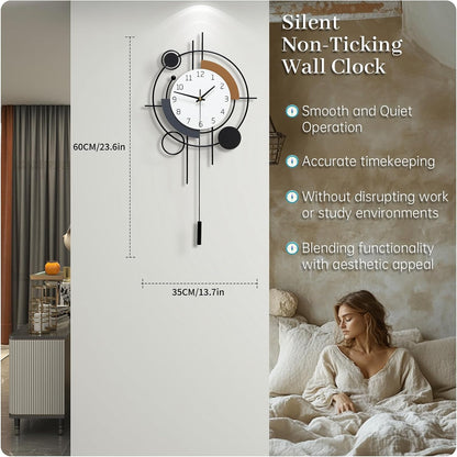 Decorative Wall Clock for Living Room Decor Large Modern Wall Clocks with Pendulum Battery Operated for Bedroom Office Kitchen Home Small Black Silent Wall Clock Non Ticking 11.8*22.4 Inch