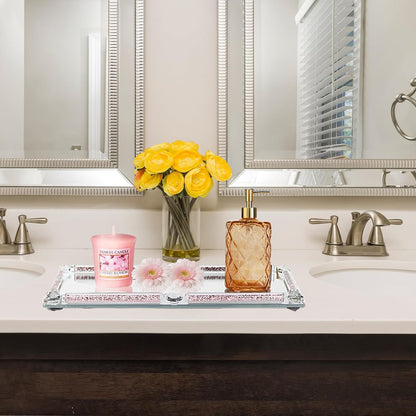 Crystal Glass Tray, Modern Mirror Jewelry Dresser Trinket Trays with Crushed Diamond, 11.8" x 7.9"Rectangular Makeup Perfume Tray for Bathroom Bedroom, Home Decor, Hotel Banquet, Party(Silver)