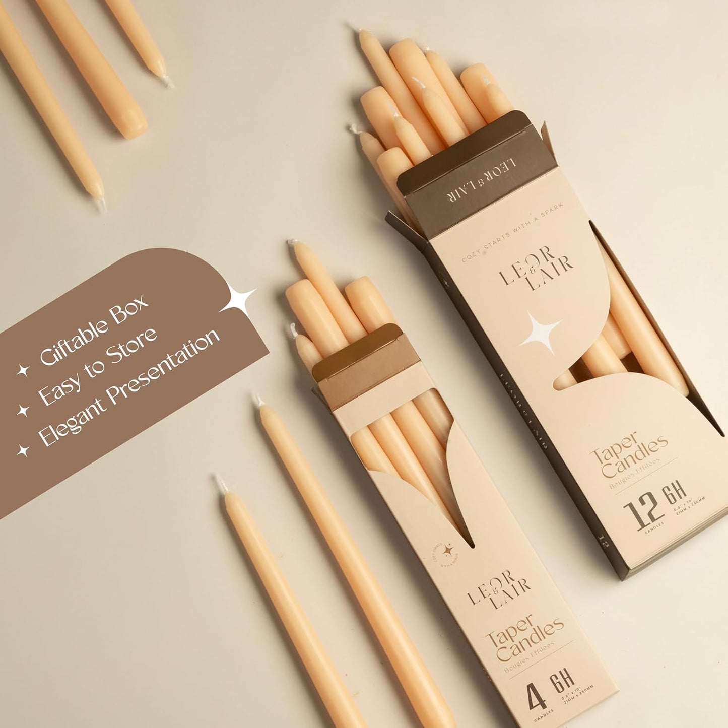 Leor & Lair Ivory Taper Candles - 4 Pack 10" Ivory Candlesticks - Unscented Cream Candle Sticks for Home Decoration, Holiday Tables, Weddings, Restaurants & Business Events