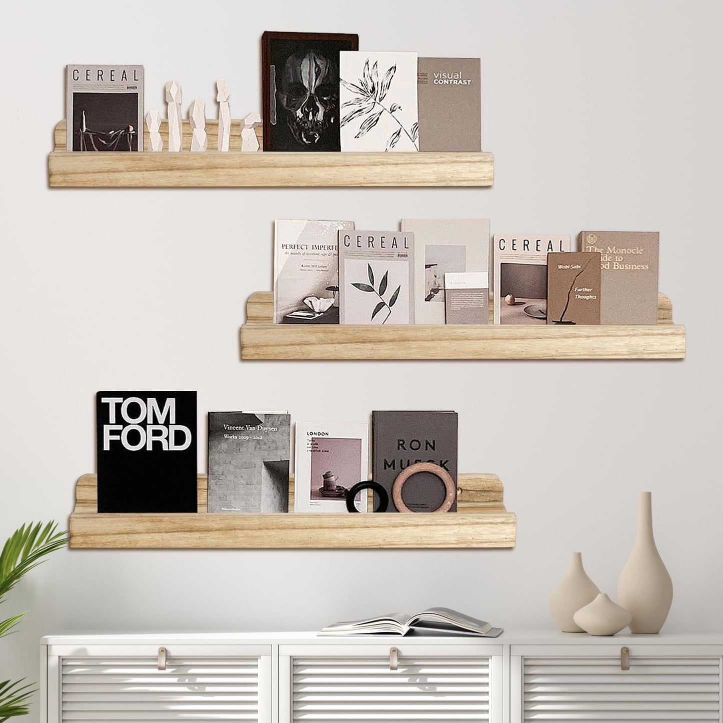 Floating Shelves Set of 3, 16.5 Inch Wood Picture Ledge Shelves for Wall Mounted Display in Bedroom, Living Room, Kitchen(Brown)