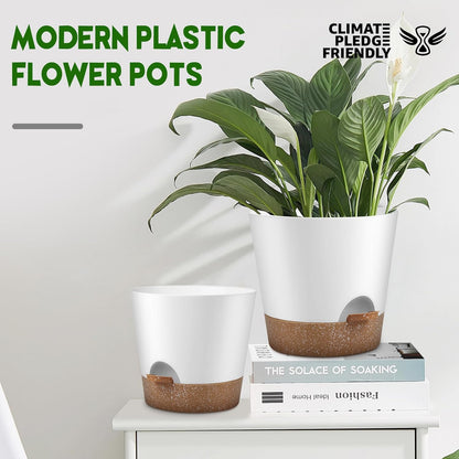 YNNICO Indoor Self Watering Planters with Drainage Holes and Saucers, 8, 7, 6.5, 6, 5.5, 5 Inches, Black, 6 Pots