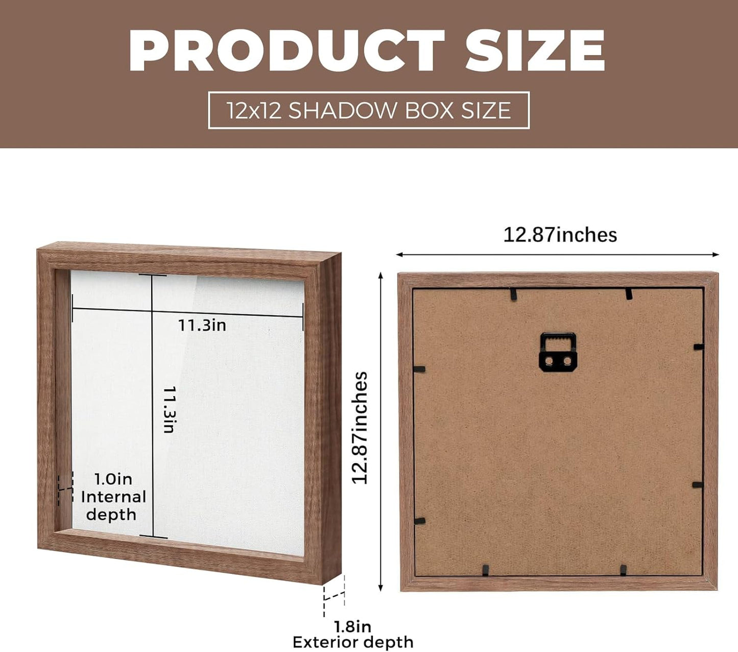 Muzilife 8x8 Shadow Box Picture Frame with Linen Board - Deep Wood & Glass Display Case Ready to Hang Memory Box Baby Sports Memorabilia, Pins, Awards, Medals, Wedding, Tickets and Photos (Black)