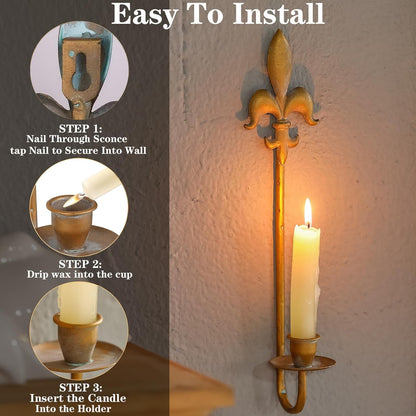 Fleur De Lis Wrought Iron Candle Sconces Set of 2, Rustic Candle Holders Hanging for Living Room Farmhouse Fireplace Wedding (Antique Copper)