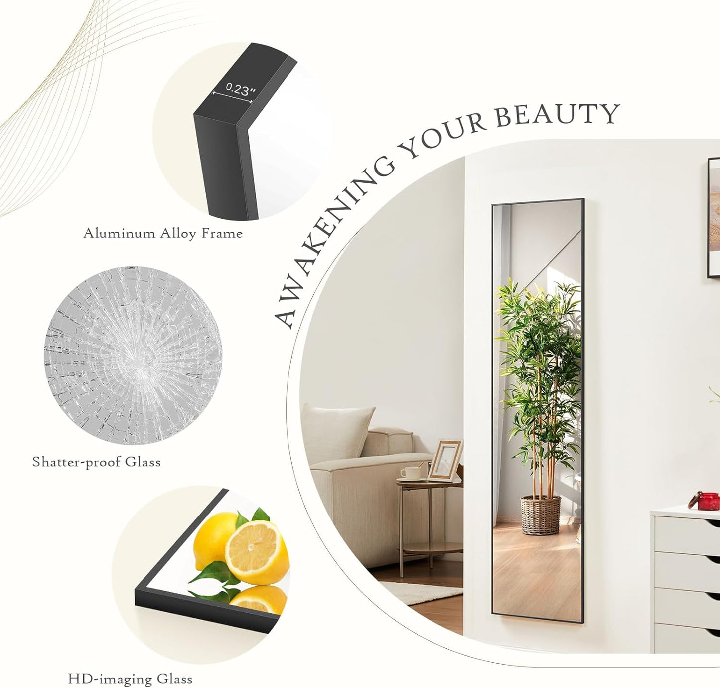 Mirror Full Length, Upgraded Body Wall Mirrors with Shatter-Proof Glass, Floor Standing, Hanging or Leaning, Tall Mirror with Stand Aluminum Alloy Frame for Bedroom