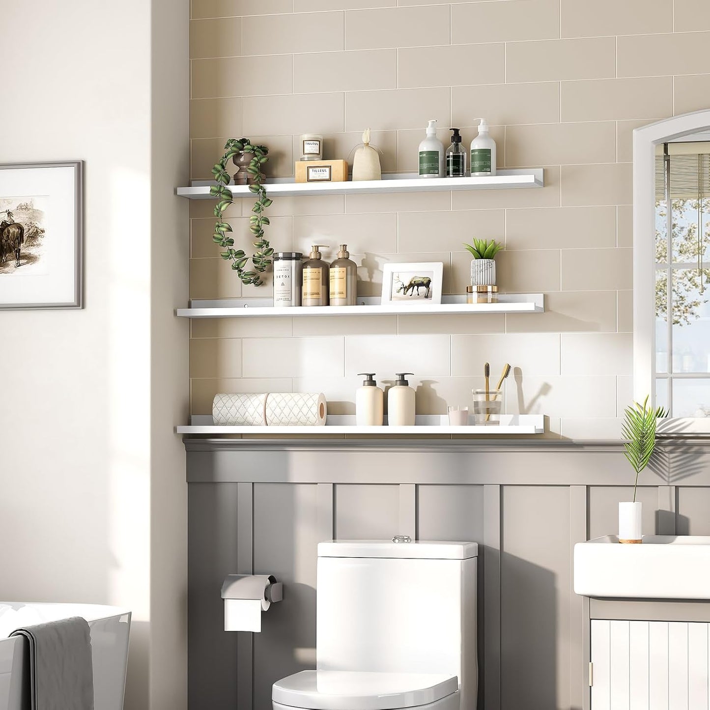 HOOBRO Floating Shelves, Wall Shelf Set of 3, 35.4 Inches Hanging Shelf with Raised Edge and Invisible Brackets, for Bathroom, Bedroom, Kitchen, Office, Living Room Decor, Rustic Brown BF90BJ01