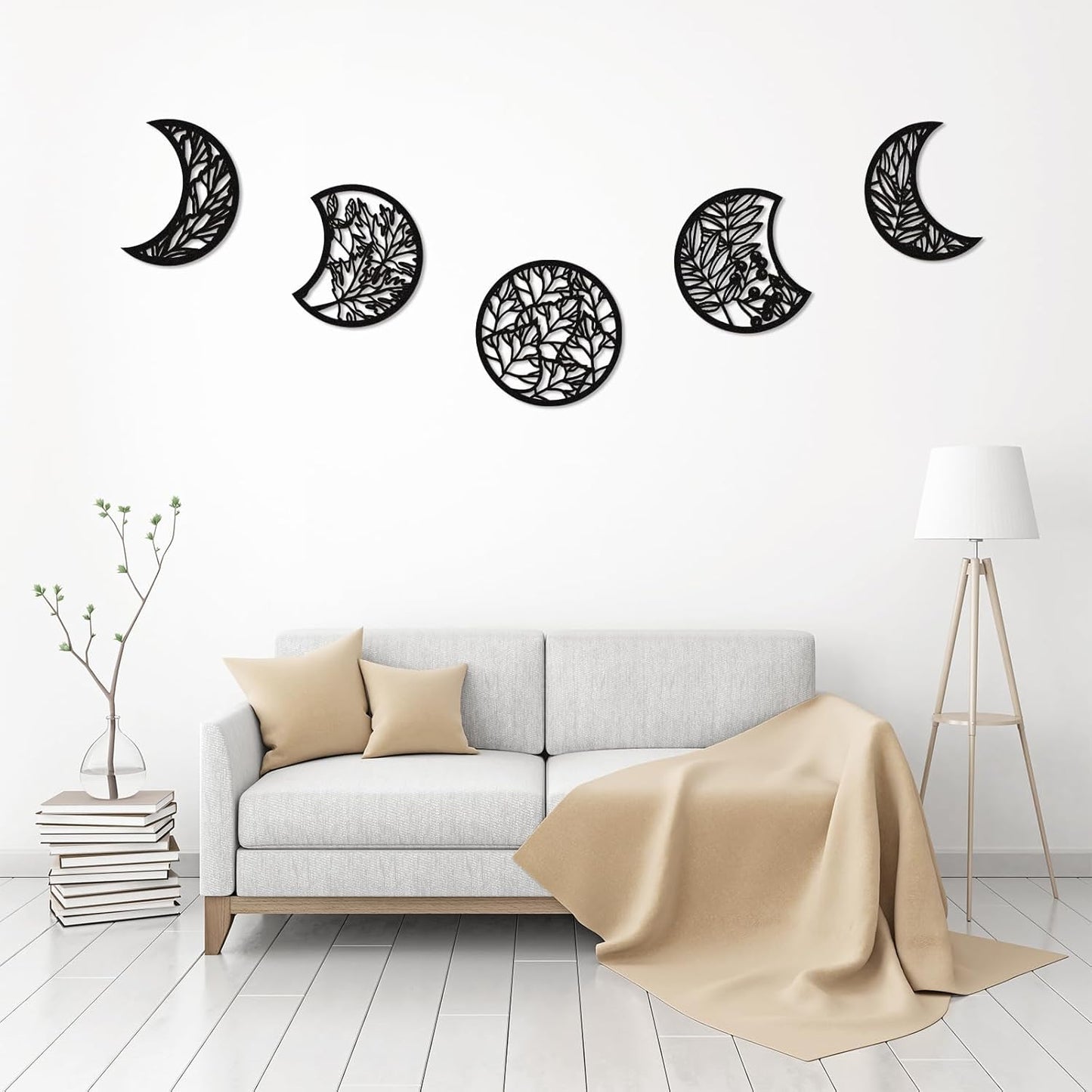 Jetec 5 Pcs Moon Phase Wall Art Decor Wall Pediments Hanging Wooden Phase Spiritual Bedroom Nordic Boho Lunar Aesthetic Art for Living Room Dorm Apartment Ornament(Brown,10.6 Inch,Botanical)
