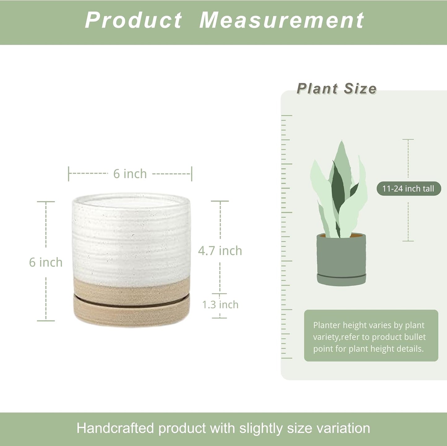 HERDUK 6 Inch Plant Pots, Ceramic Planter Pot with Drainage Hole & Saucer, Indoor/Outdoor Cylinder Round Planter Pot, Green & Beige