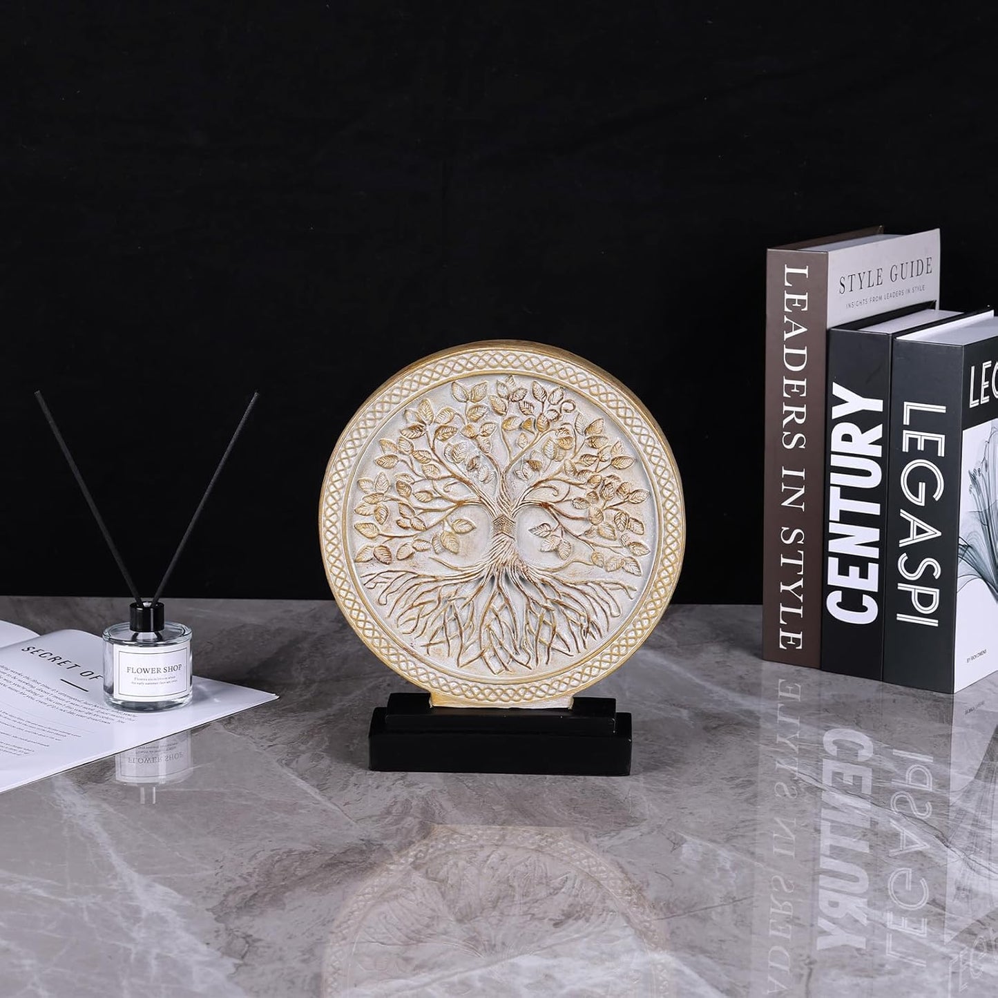 DOVDOV Abstract Circular Tree of Life Decorative Sculpture, Black and Gold Home Decor, Modern Art Home Accent Suitable for Office Shelves, Coffee Tables, and Above Cabinet Decorative Statue.