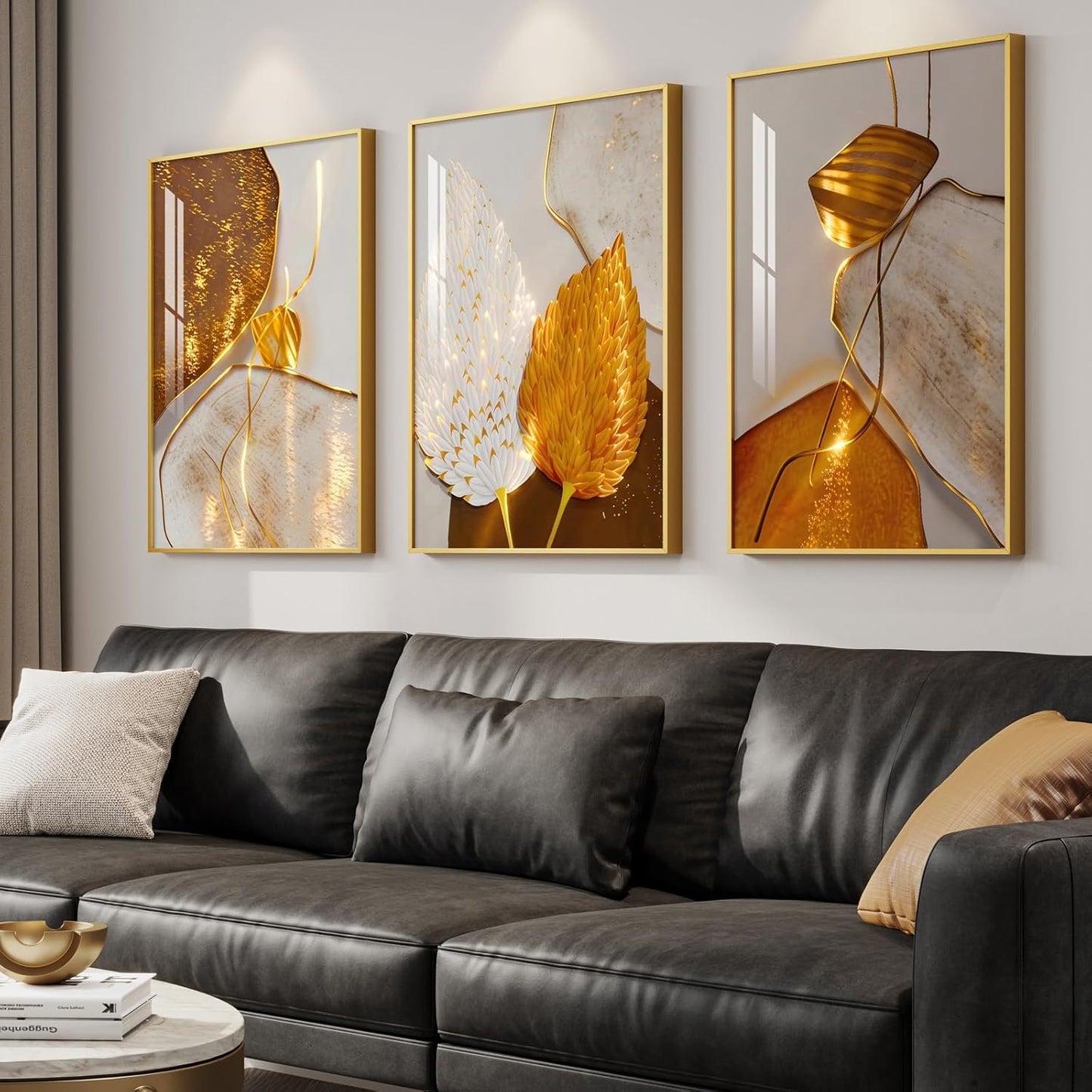 Framed Modern Luxury Gold Wall Art, Set of 3 Piece Contemporary Paintings Artwork for Walls, Golden Prints Pictures with Gold Frame, Wall Decor for Living Room, Hallway, Bedroom, Office 16x24 Inch