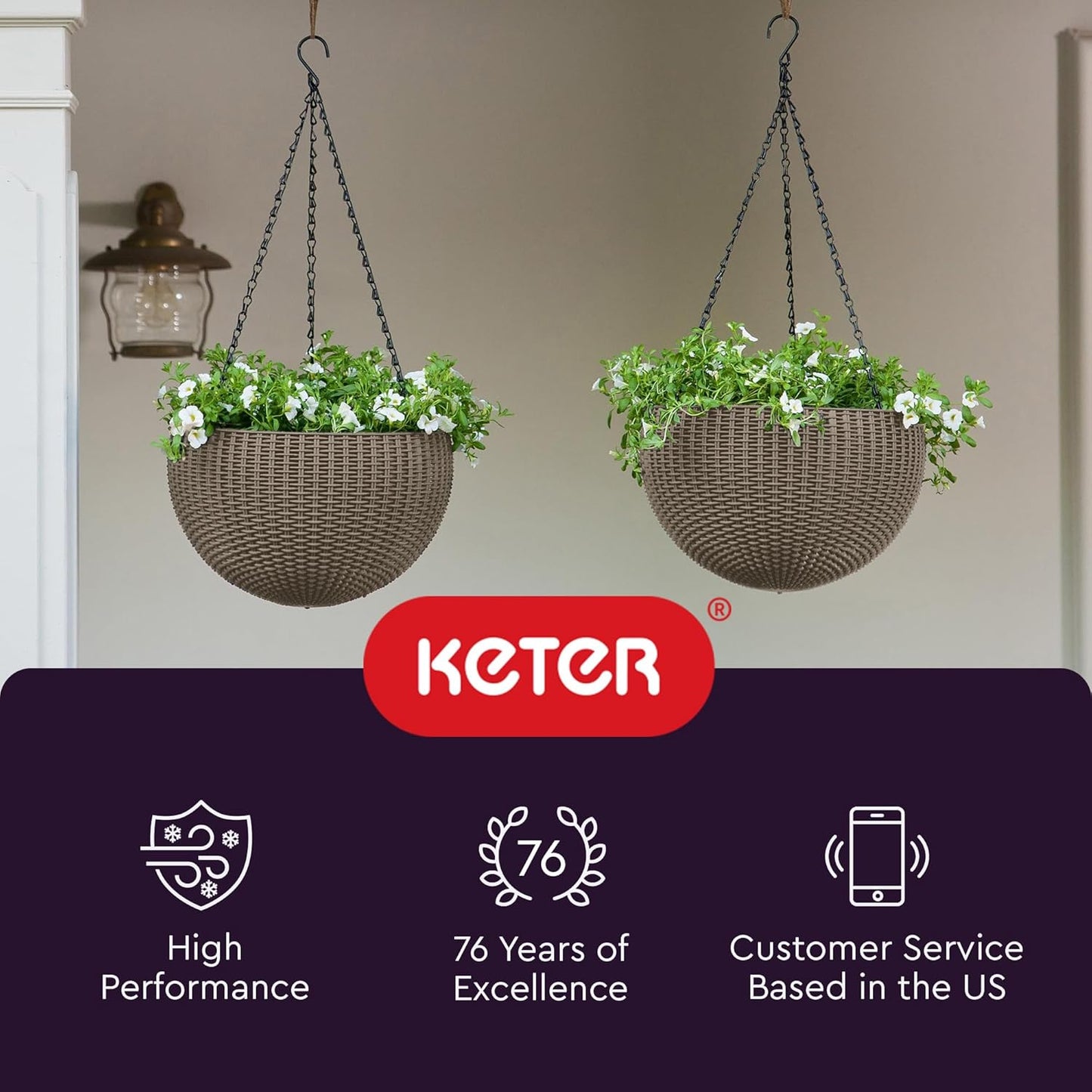 Keter Resin Rattan Set of 2 Round Hanging Planter Baskets for Indoor and Outdoor Plants-Perfect for Porches and Patio Decor, Cappuccino