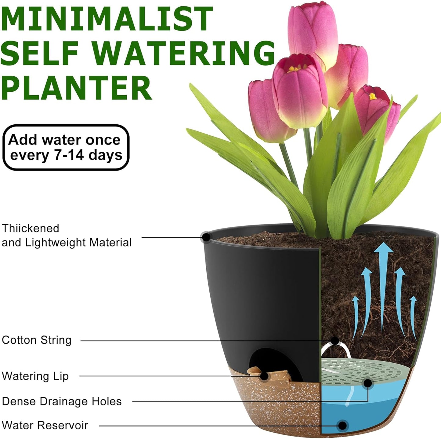 QRRICA Plant Pots 10/9/8/7.5/7 Inch Self Watering Pots, Set of 5 Plastic Planters with Drainage Holes and Saucers,Plastic Flower Pots,Nursery Planting Pot for Indoor Out Door Plants（Green）