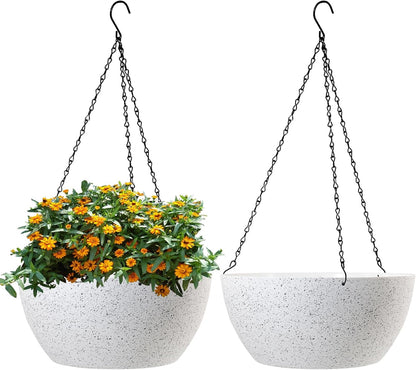 WSMKSZ 10 inch Hanging Planters for Outdoor Indoor Plants with Drainage Holes and Chain, 2 Pack Round Hanging Flower Pots for Garden Home Porch Decor, Black