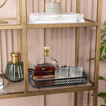 ELLDOO Perfume & Makeup Vanity Tray - Hollow-Carved Jewelry Storage, Glass & Metal Trinket Organizer for Dresser & Bathroom Countertop, Gold, Medium Size