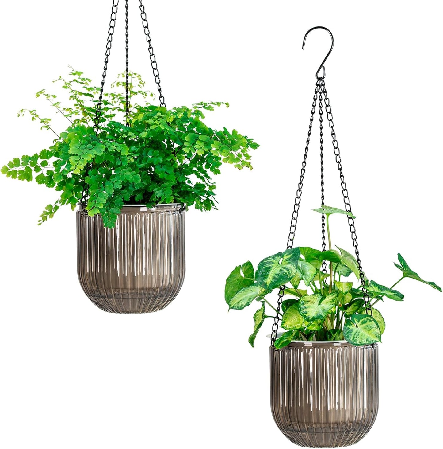 Melphoe 2 Pack Self Watering Hanging Planters Indoor Flower Pots, 6.5 Inch Outdoor Hanging Basket, Plant Hanger with 3Hooks Drainage Holes for Garden Home (Emerald)