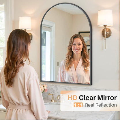 Bathroom Mirror for Wall, 24 Inch Round Mirror, Matte Black Metal Framed Circle Vanity Mirror for Bathroom Bedroom Living Room Entryway, Anti-Rust, Tempered Glass, Hanging or Leaning