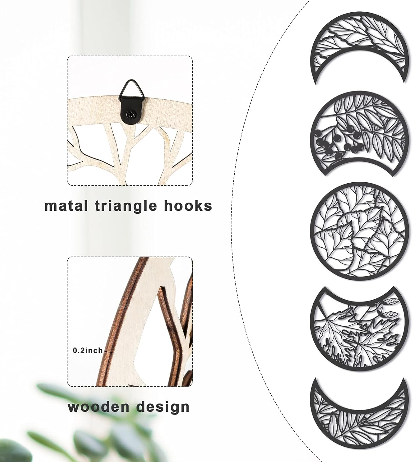 Jetec 5 Pcs Moon Phase Wall Art Decor Wall Pediments Hanging Wooden Phase Spiritual Bedroom Nordic Boho Lunar Aesthetic Art for Living Room Dorm Apartment Ornament(Brown,10.6 Inch,Botanical)