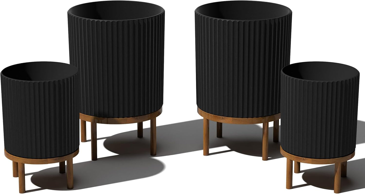 Veradek Demi Series Round Planter w/ Stand for Porch/Patio | Durable Plastic-Concrete & Wooden Stand | Modern Décor for Tall Plants, Flowers