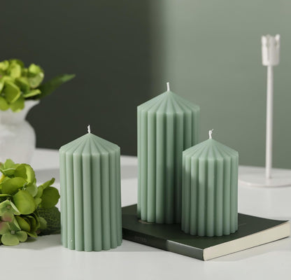 3 Pack White Ribbed Pillar Candles - Soy Wax Unscented, 2.76" x4.2/4.9/5.9 in Smokeless Non Toxic Cotton Wick, Aesthetic Modern Candles for Home Decor, Dinner Table, Living Room, Housewarming Gift