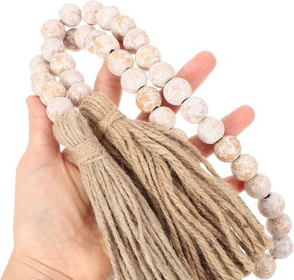 IMIKEYA Wooden Beads Garland: Farmhouse Wood Bead Garland with Tassels Boho Wall Hanging for Home Decor Tiered Tray Rustic Wood Prayer for Coffee Table Decor