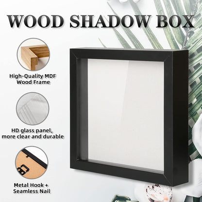 Muzilife 8x8 Shadow Box Picture Frame with Linen Board - Deep Wood & Glass Display Case Ready to Hang Memory Box Baby Sports Memorabilia, Pins, Awards, Medals, Wedding, Tickets and Photos (Black)
