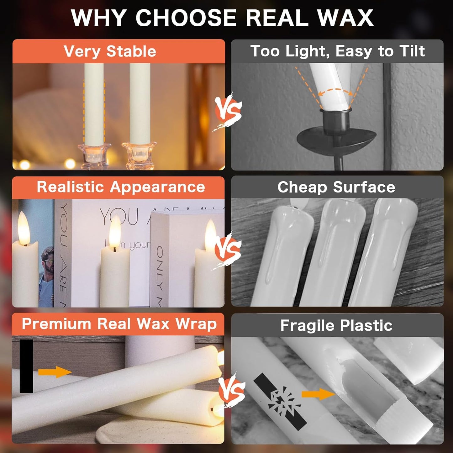 KSWING Upgraded Real Wax Short LED Flameless Taper Candles with Remote, 6 PCS White Candlesticks Battery Operated 3D Flickering - 6" Realistic Fake Candle Sticks for Home/Wedding/Fireplace Xmas Decor