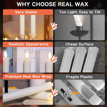 KSWING Upgraded Real Wax Short LED Flameless Taper Candles with Remote, 6 PCS White Candlesticks Battery Operated 3D Flickering - 6" Realistic Fake Candle Sticks for Home/Wedding/Fireplace Xmas Decor