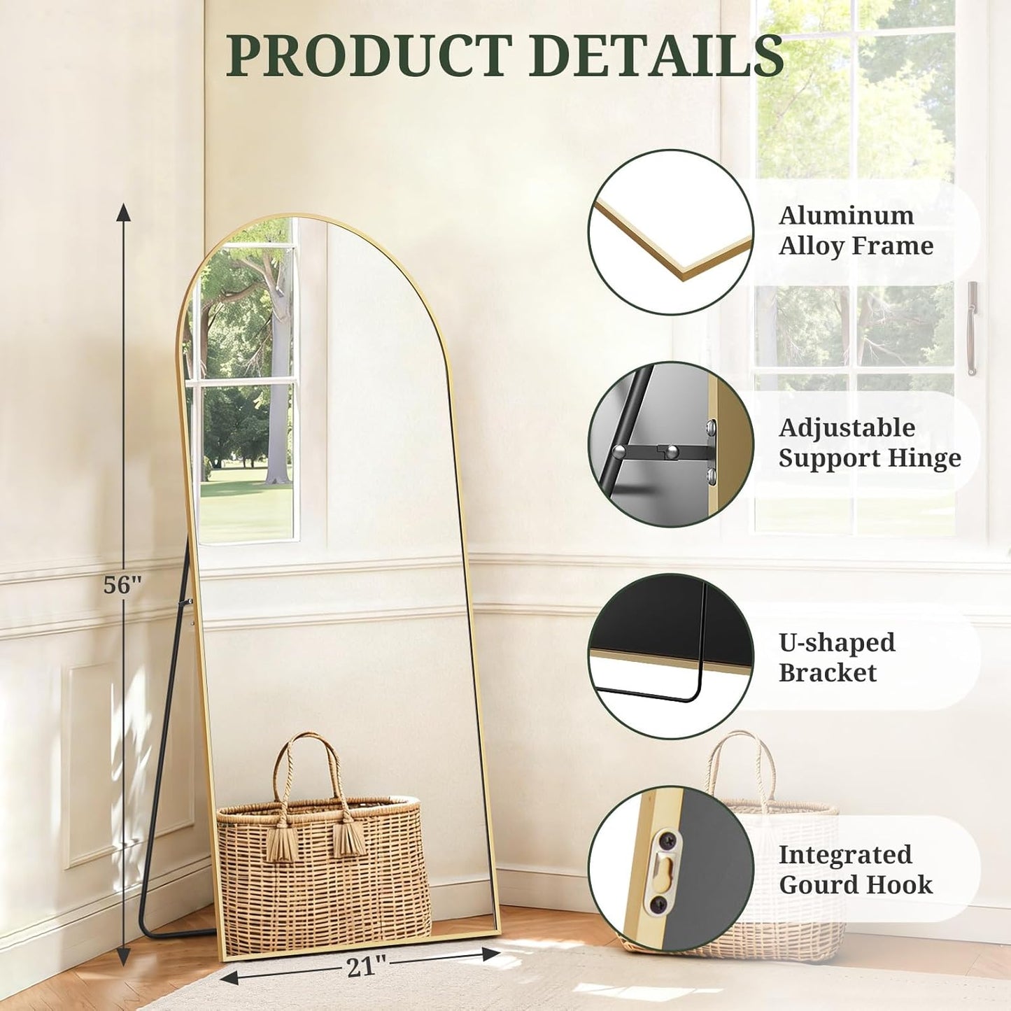 Mirror Full Length 64"x21" Full Body Floor Mirror with Stand, Shatterproof Glass, Aluminum Alloy Frame, Free Standing Wall Mounted or Leaning Arched Mirrors for Bedroom Living Room Entryway