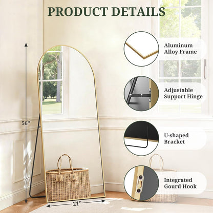 Mirror Full Length 64"x21" Full Body Floor Mirror with Stand, Shatterproof Glass, Aluminum Alloy Frame, Free Standing Wall Mounted or Leaning Arched Mirrors for Bedroom Living Room Entryway
