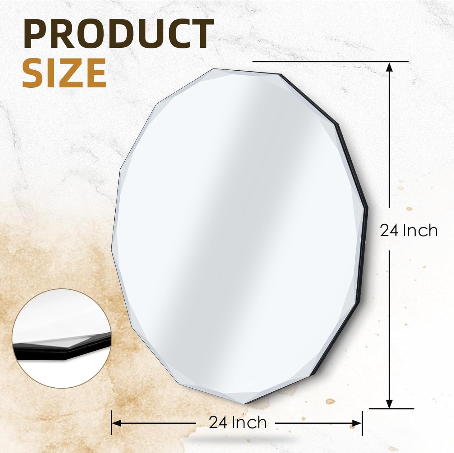 QDSSDECO Round Mirror Sunburst Wall Mirror 24" Beveled Edge Frameless for Living Room Bathroom Bedroom Entryway Decor