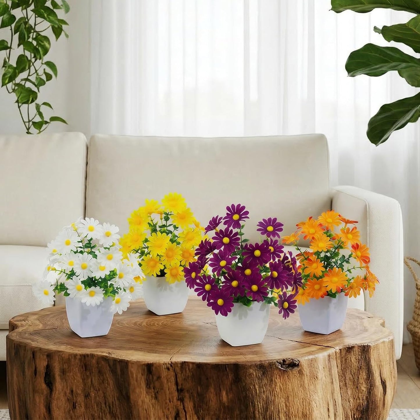 LOYWREE 4 Pack Small Artificial Mums Flowers in White Pots, Fake Mini Potted Plants, Spring Floral Decor for Home Bathroom Shelves Office Desk Table Centerpiece Indoor Decoration