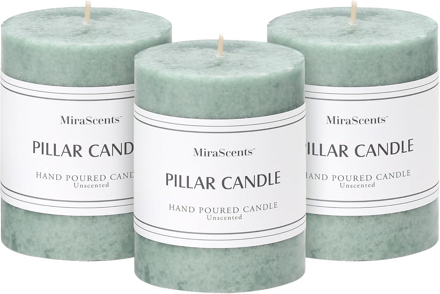 3x4 inch Green Pillar Candles Set of 3, Unscented Pillar Candle, Dripless and Smokeless Large Candles, Candle for Home Decor, Dinner Table,Weddings, Holidays