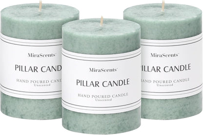 3x4 inch Green Pillar Candles Set of 3, Unscented Pillar Candle, Dripless and Smokeless Large Candles, Candle for Home Decor, Dinner Table,Weddings, Holidays