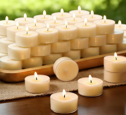 Soy Wax Tealight Candles 100 Packs, 4 Hour Long Burning, Unscented White Smokeless Candles, Non-Toxic Paraffin-Free Clear Acrylic Cup Tea Lights for Weddings, Home, Emergencies & Dinner