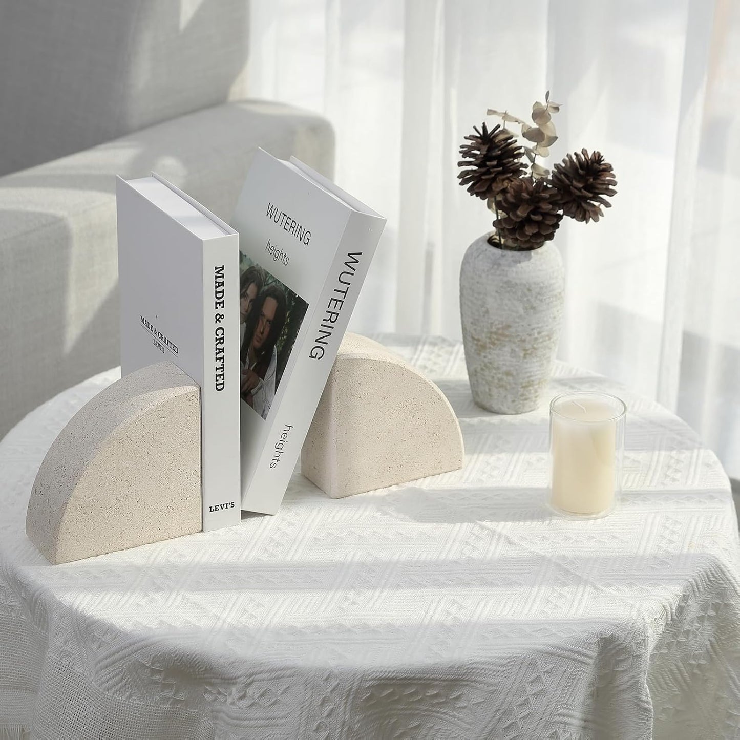 Karibiber Travertine Bookends for Heavy Books, Marble Decorative Bookends for Shelves, Heavy-Duty Stone Book Ends for Hardback Book & Cookbooks, Unique Book Stopper & Holder, Travertino Italy
