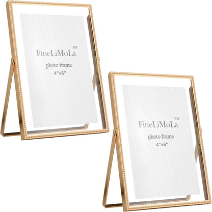 Gold 6x8'' Floating Photo Frame 2 Pack, Beaded Metal Frame Fits 3.5x5'', 4x6'' & 5x7'' Pictures, Adjustable Tabletop & Shelf Display, Elegant Wedding Gift for Home Decor