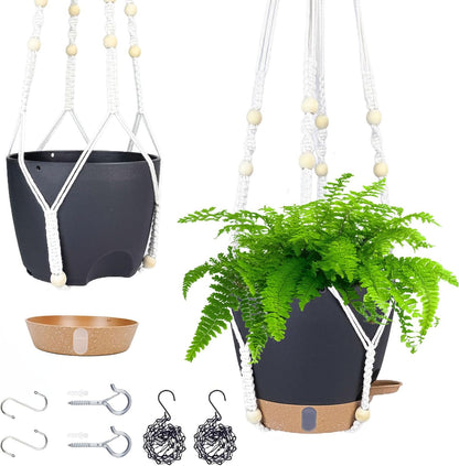 10 Inch Hanging Planters for Indoor Plants, 2 Pack Self Watering Hanging Baskets Flower Pots with Drainage Hole, Visual Reservoir & 2 Kinds of Plant Hanger for Outdoor Garden Home Decor (White)