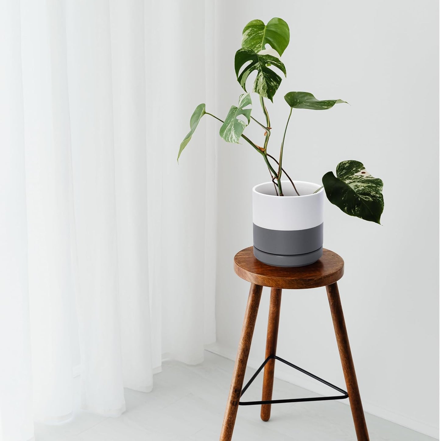 D'vine Dev 6.5 Inch Ceramic Planter Pot with Drainage Hole and Saucer, Indoor Cylinder Round Planter Pot, Olive, 94-O-C-J