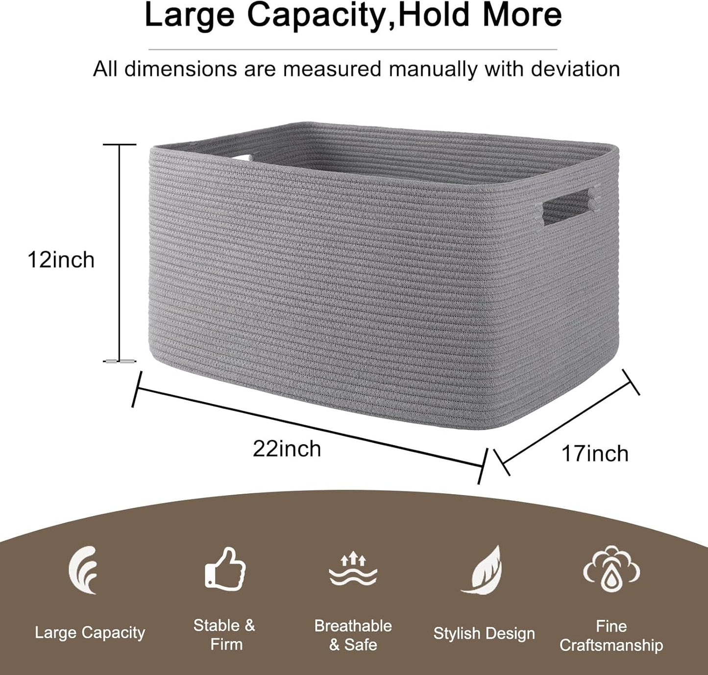 OIAHOMY 75L Large Woven Cotton Rope Storage Basket with Handle for Organizing Blanket and Toys for Living Room, Nursery, Brown Variegated 22”x17”x12”